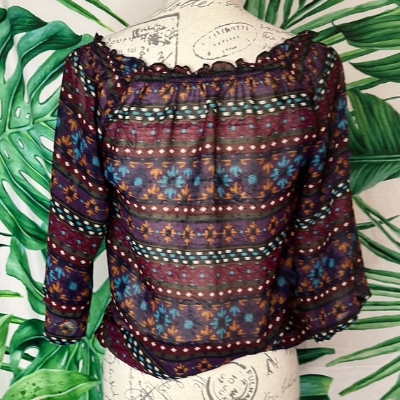 Olsenboye Small Red Black Sheer Boho Cropped Spring Summer Fall Blouse - Picture 3 of 6